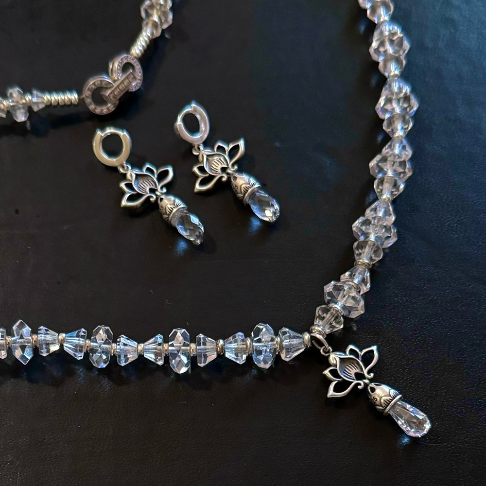 NEW Quartz Crystal Necklace, Sterling Beads, Lotus Pendant w/Lead Crystal Drop